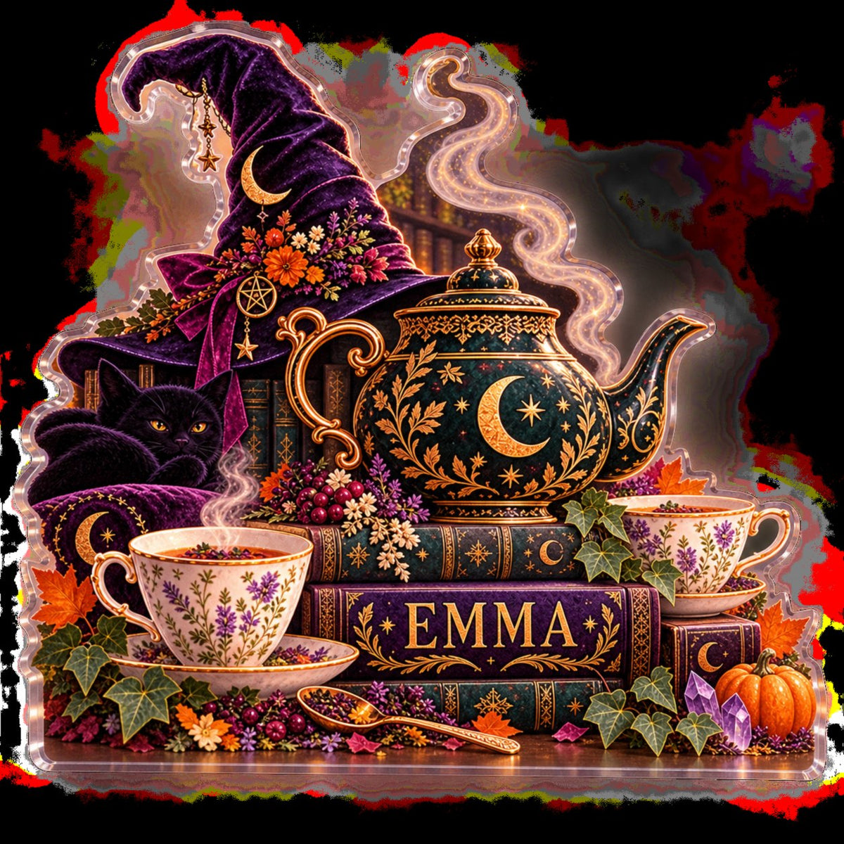 Personalized Witchy Tea Party Reading Nook Seasonal Refresh custom shape acrylic plaque with an example name set into the artwork, digital preview