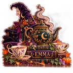 Artwork visualization: Witchy tea party — reading nook seasonal refresh, personalized EMMA, subject-shaped acrylic with printed optical 3D depth; not carved relief.