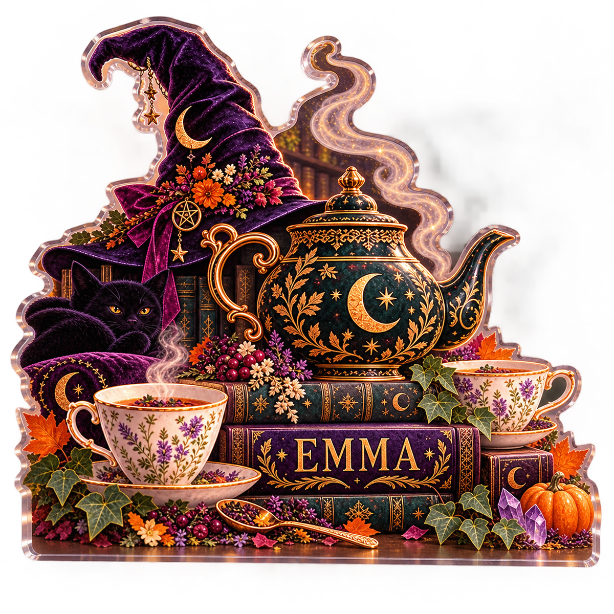Artwork visualization: Witchy tea party — reading nook seasonal refresh, personalized EMMA, subject-shaped acrylic with printed optical 3D depth; not carved relief.