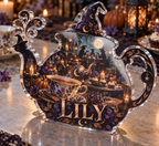 Artwork visualization: Witchy tea party — Halloween party accent, personalized LILY, subject-shaped acrylic with printed optical 3D depth; not carved relief.