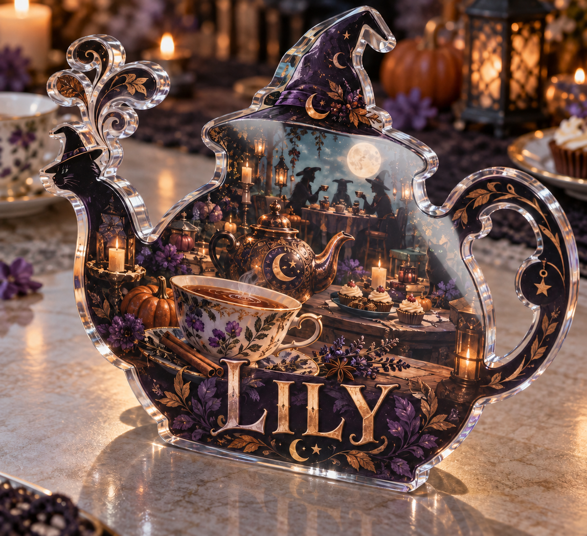 Artwork visualization: Witchy tea party — Halloween party accent, personalized LILY, subject-shaped acrylic with printed optical 3D depth; not carved relief.