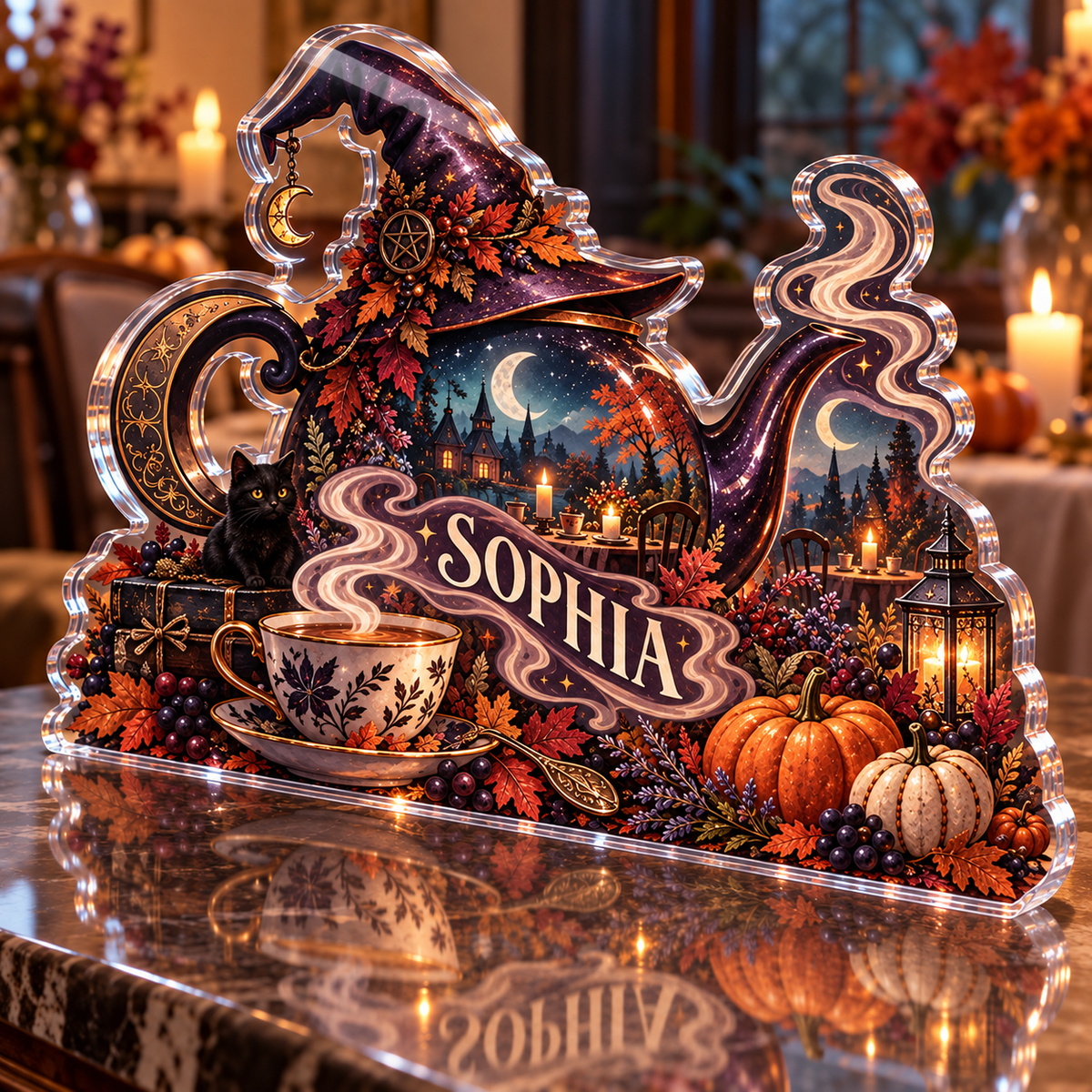 Artwork visualization: Witchy tea party — host seasonal thank you, personalized SOPHIA, subject-shaped acrylic with printed optical 3D depth; not carved relief.