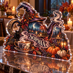 Artwork visualization: Witchy tea party — host seasonal thank you, personalized SOPHIA, subject-shaped acrylic with printed optical 3D depth; not carved relief.