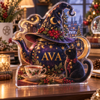 Artwork visualization: Witchy tea party — office seasonal desk, personalized AVA, subject-shaped acrylic with printed optical 3D depth; not carved relief.