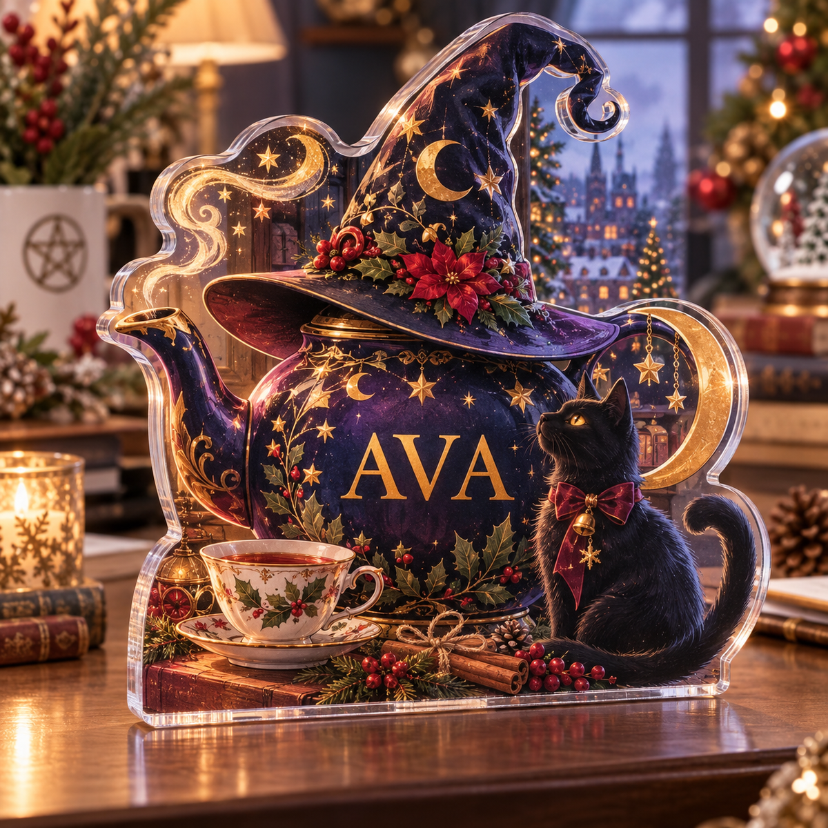 Artwork visualization: Witchy tea party — office seasonal desk, personalized AVA, subject-shaped acrylic with printed optical 3D depth; not carved relief.