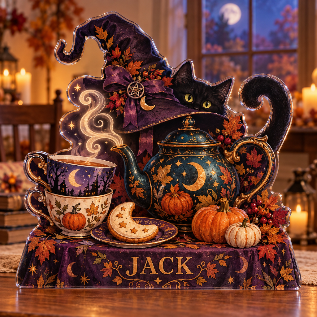 Artwork visualization: Witchy tea party — family seasonal keepsake, personalized JACK, subject-shaped acrylic with printed optical 3D depth; not carved relief.