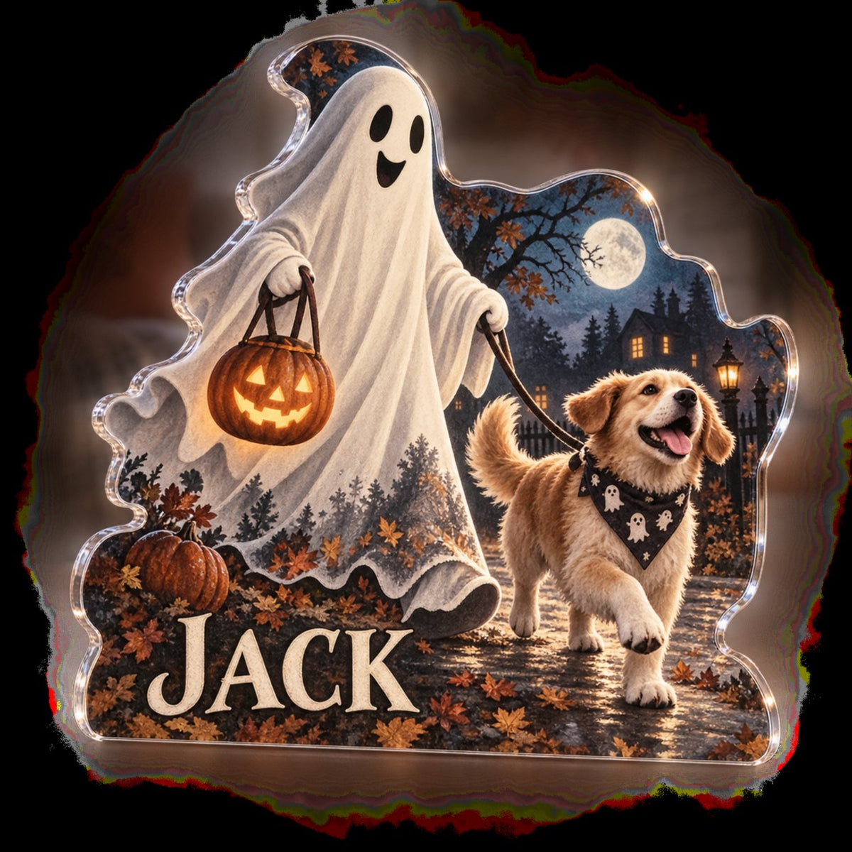 Personalized Ghost Dog Walker Seasonal Living Room Decor custom shape acrylic plaque with an example name set into the artwork, digital preview