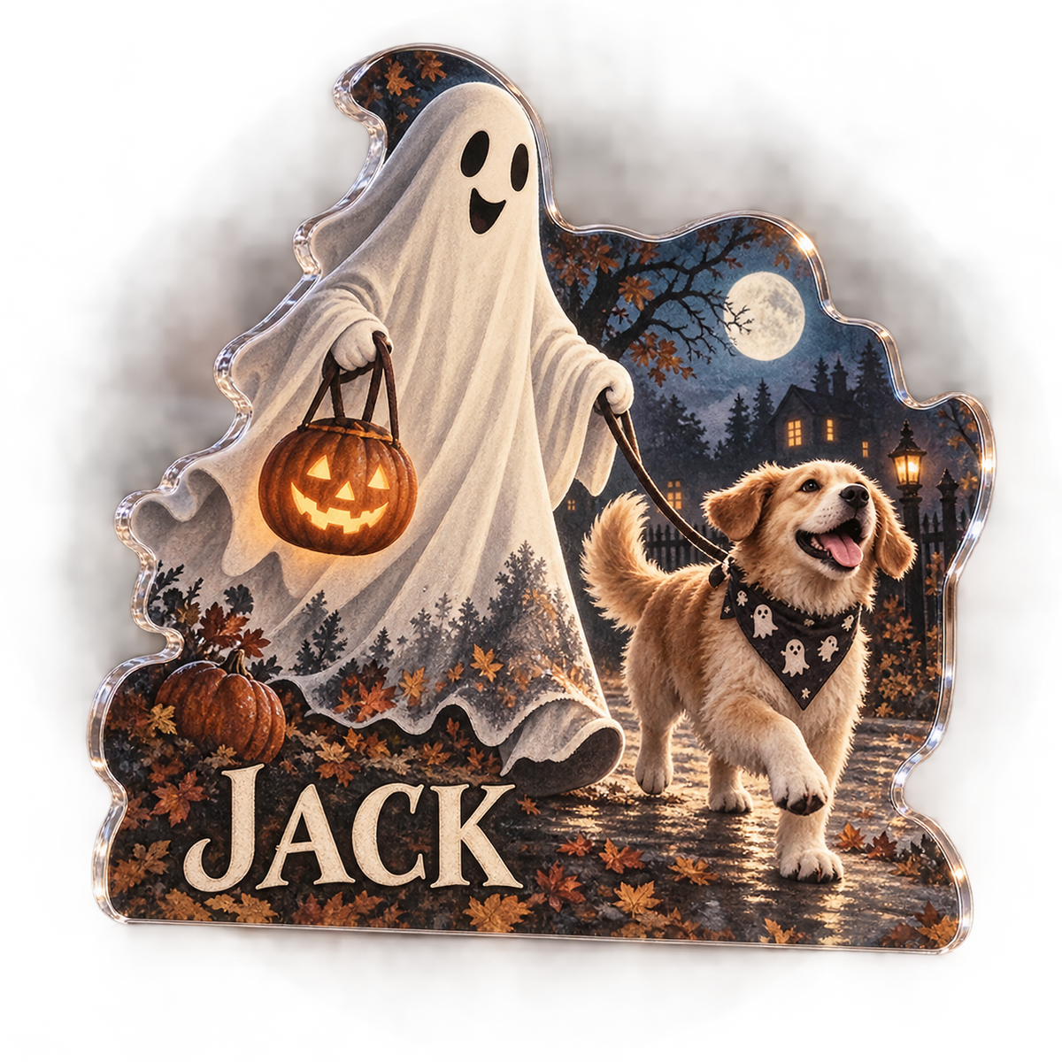 Artwork visualization: Ghost dog walker — seasonal living room decor, personalized JACK, subject-shaped acrylic with printed optical 3D depth; not carved relief.