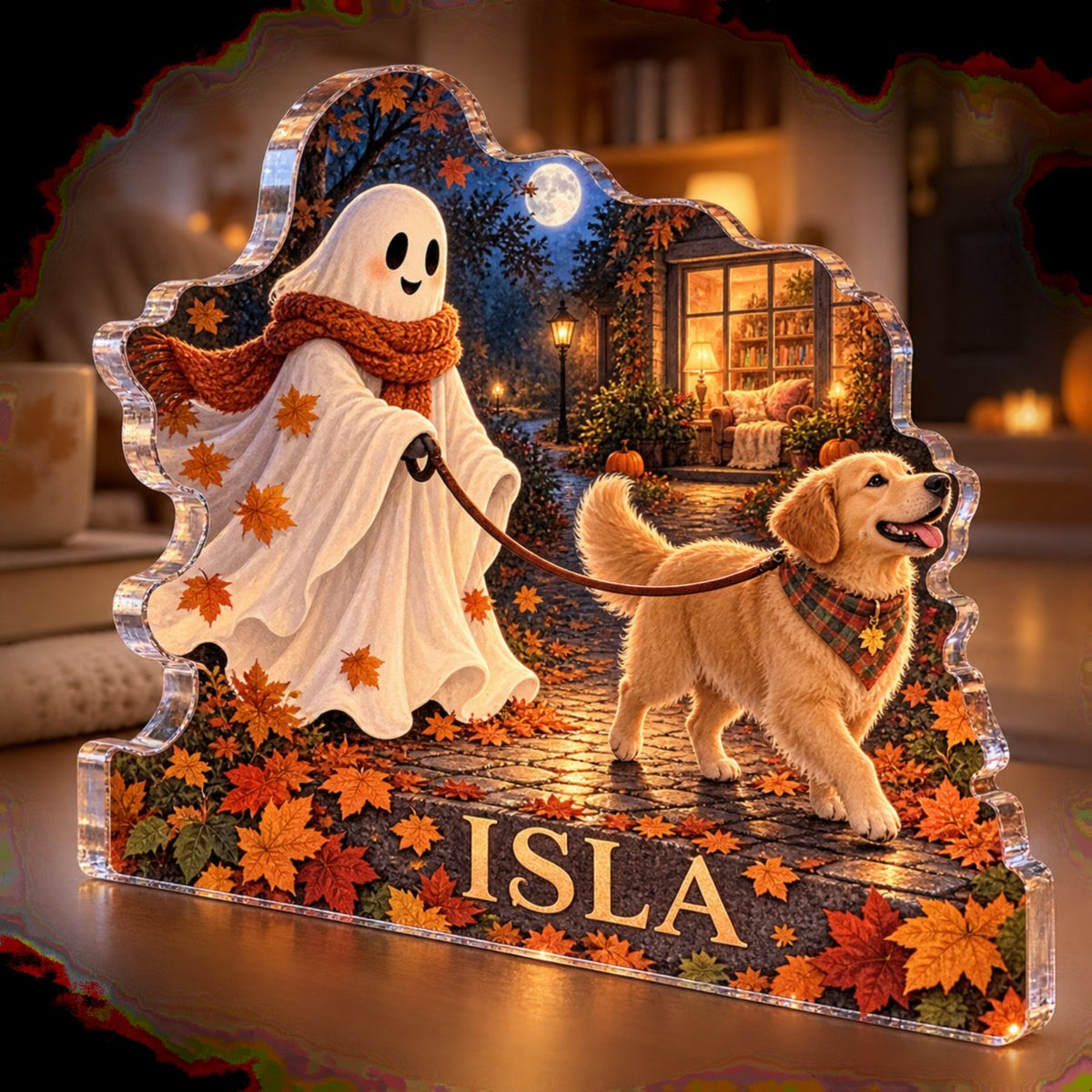 Personalized Ghost Dog Walker Reading Nook Seasonal Refresh custom shape acrylic plaque with an example name set into the artwork, digital preview