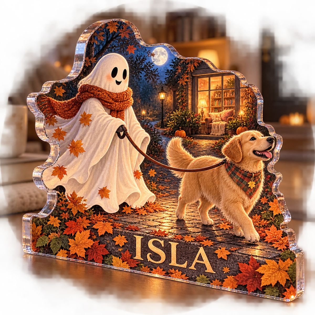 Artwork visualization: Ghost dog walker — reading nook seasonal refresh, personalized ISLA, subject-shaped acrylic with printed optical 3D depth; not carved relief.