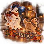 Artwork visualization: Ghost dog walker — reading nook seasonal refresh, personalized ISLA, subject-shaped acrylic with printed optical 3D depth; not carved relief.