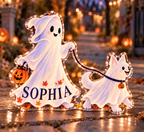 Artwork visualization: Ghost dog walker — Halloween party accent, personalized SOPHIA, subject-shaped acrylic with printed optical 3D depth; not carved relief.