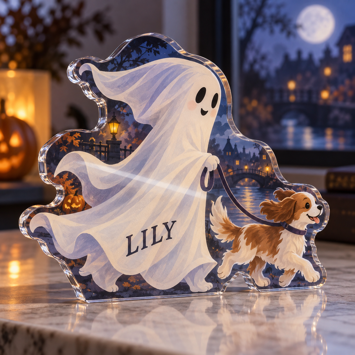 Artwork visualization: Ghost dog walker — host seasonal thank you, personalized LILY, subject-shaped acrylic with printed optical 3D depth; not carved relief.