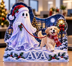 Artwork visualization: Ghost dog walker — office seasonal desk, personalized AVA, subject-shaped acrylic with printed optical 3D depth; not carved relief.