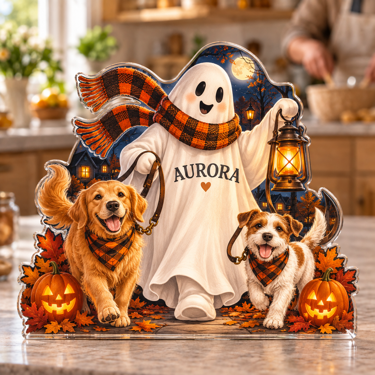 Artwork visualization: Ghost dog walker — family seasonal keepsake, personalized AURORA, subject-shaped acrylic with printed optical 3D depth; not carved relief.