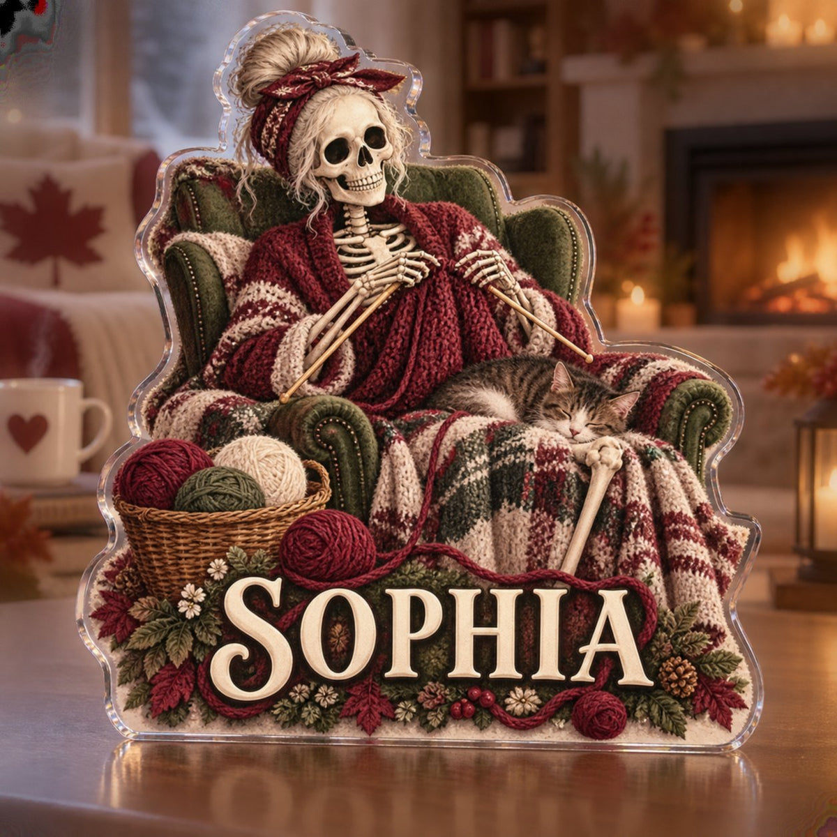Personalized Skeleton Knitting Seasonal Living Room Decor custom shape acrylic plaque with an example name set into the artwork, digital preview