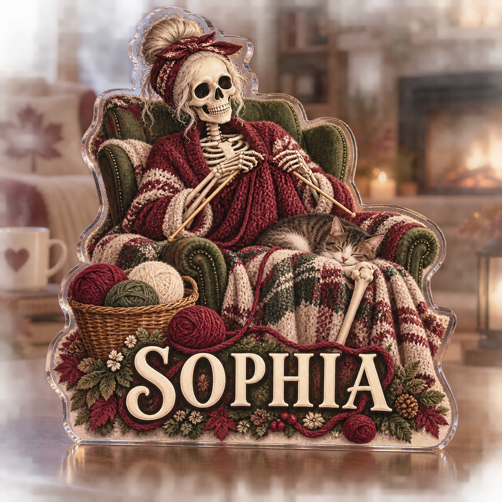 Artwork visualization: Skeleton knitting — seasonal living room decor, personalized SOPHIA, subject-shaped acrylic with printed optical 3D depth; not carved relief.