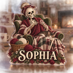 Artwork visualization: Skeleton knitting — seasonal living room decor, personalized SOPHIA, subject-shaped acrylic with printed optical 3D depth; not carved relief.