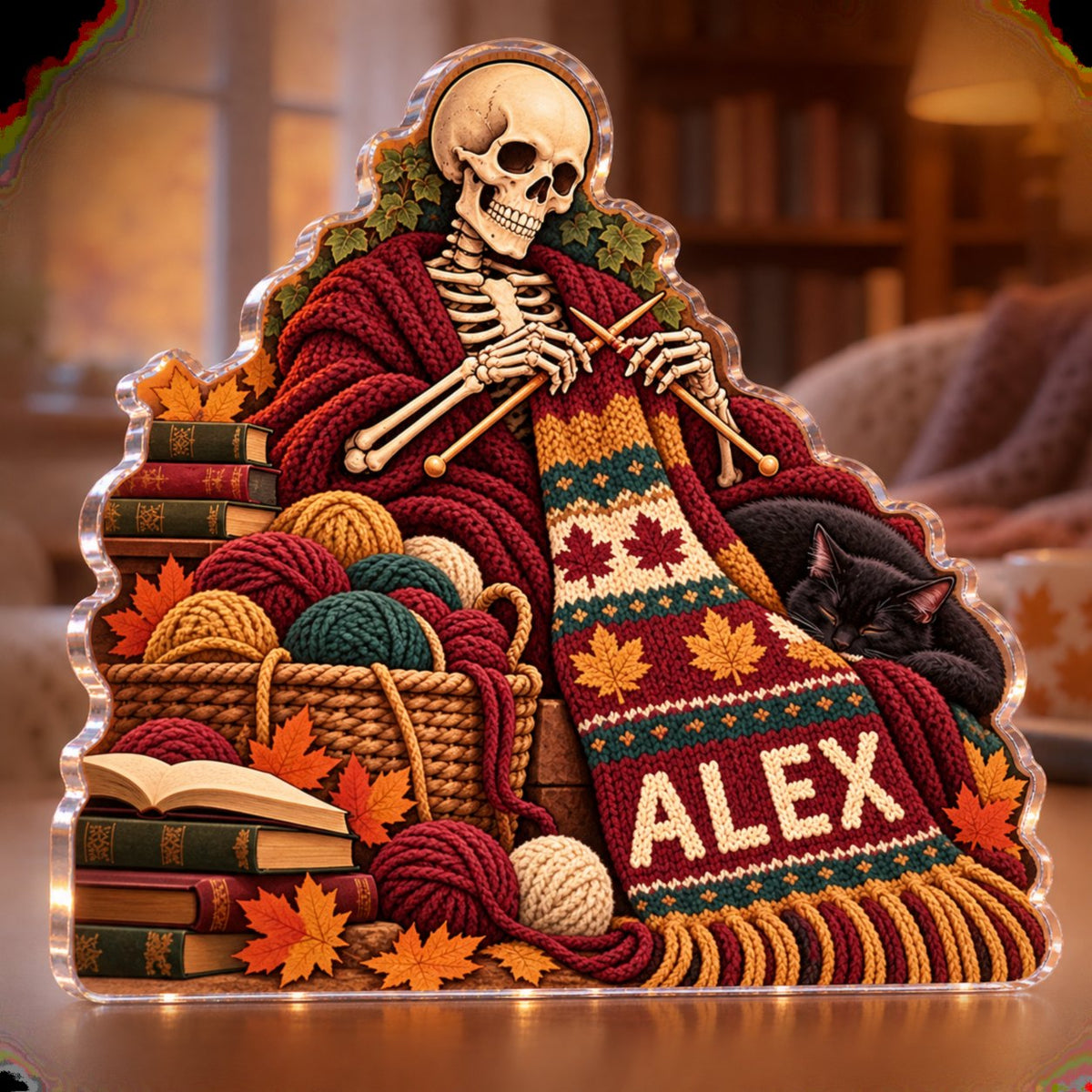 Personalized Skeleton Knitting Reading Nook Seasonal Refresh custom shape acrylic plaque with an example name set into the artwork, digital preview