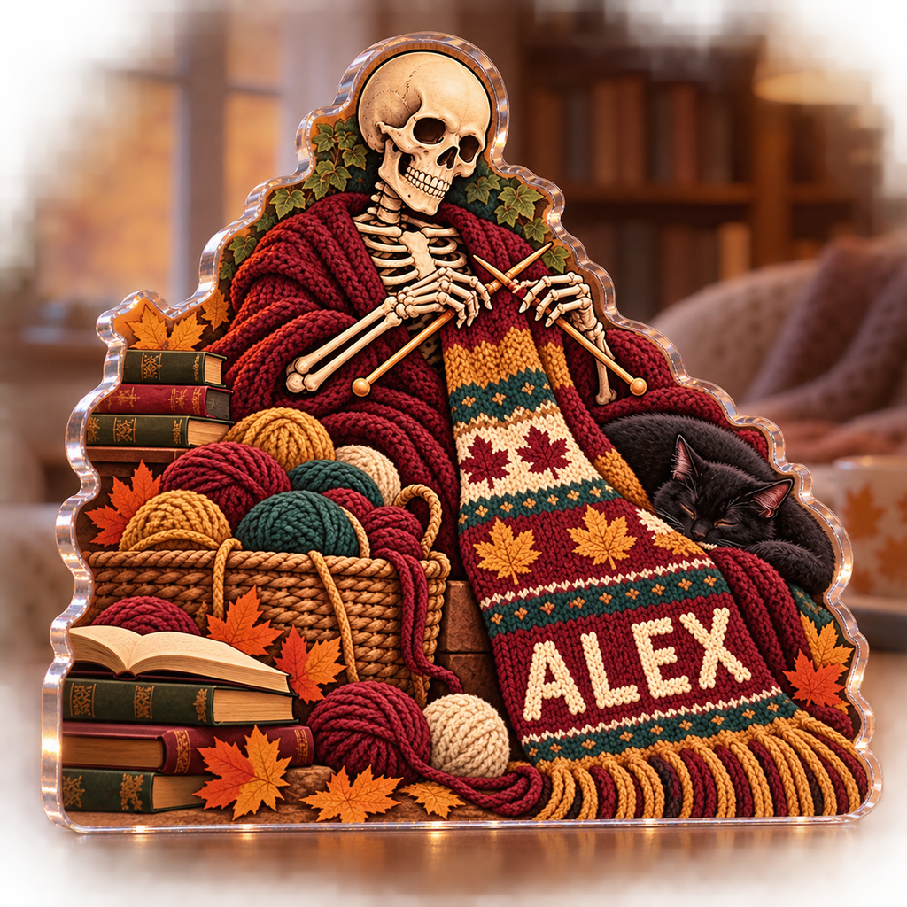 Artwork visualization: Skeleton knitting — reading nook seasonal refresh, personalized ALEX, subject-shaped acrylic with printed optical 3D depth; not carved relief.
