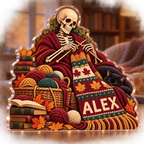 Artwork visualization: Skeleton knitting — reading nook seasonal refresh, personalized ALEX, subject-shaped acrylic with printed optical 3D depth; not carved relief.