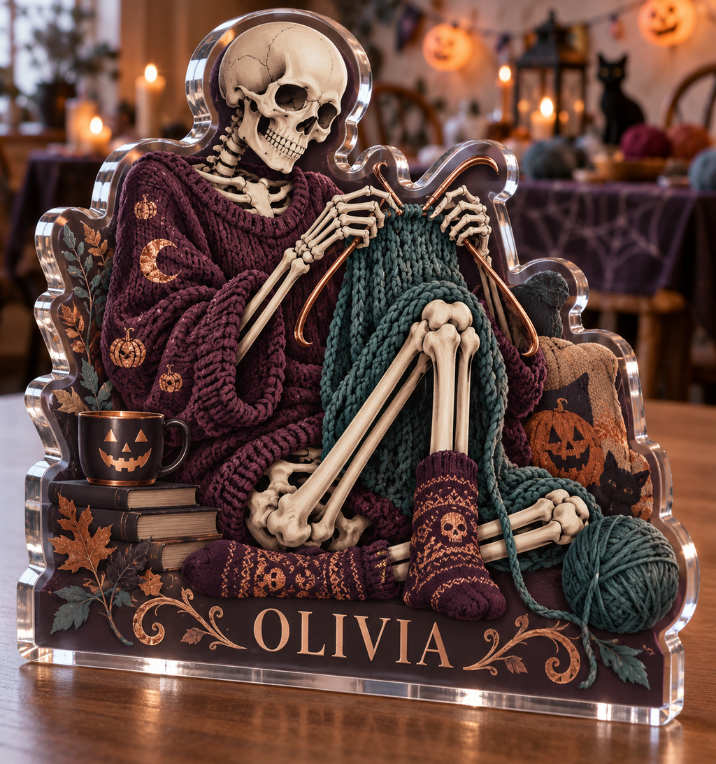 Artwork visualization: Skeleton knitting — Halloween party accent, personalized OLIVIA, subject-shaped acrylic with printed optical 3D depth; not carved relief.