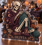 Artwork visualization: Skeleton knitting — Halloween party accent, personalized OLIVIA, subject-shaped acrylic with printed optical 3D depth; not carved relief.
