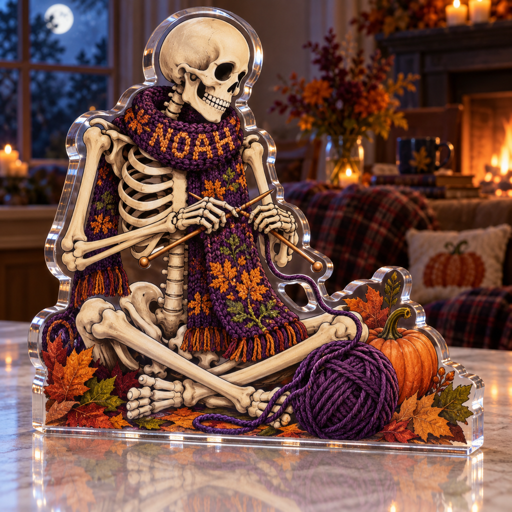 Artwork visualization: Skeleton knitting — host seasonal thank you, personalized NOAH, subject-shaped acrylic with printed optical 3D depth; not carved relief.