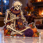 Artwork visualization: Skeleton knitting — host seasonal thank you, personalized NOAH, subject-shaped acrylic with printed optical 3D depth; not carved relief.