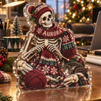 Artwork visualization: Skeleton knitting — office seasonal desk, personalized AURORA, subject-shaped acrylic with printed optical 3D depth; not carved relief.