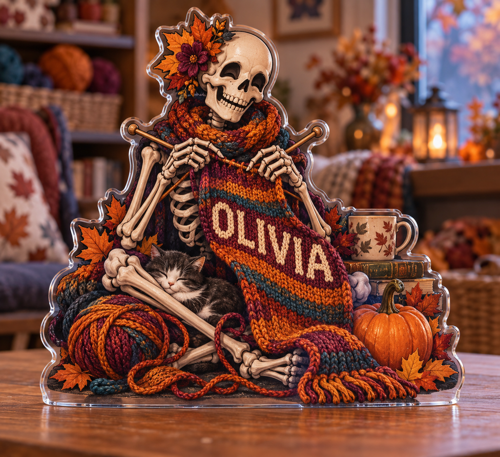 Artwork visualization: Skeleton knitting — family seasonal keepsake, personalized OLIVIA, subject-shaped acrylic with printed optical 3D depth; not carved relief.