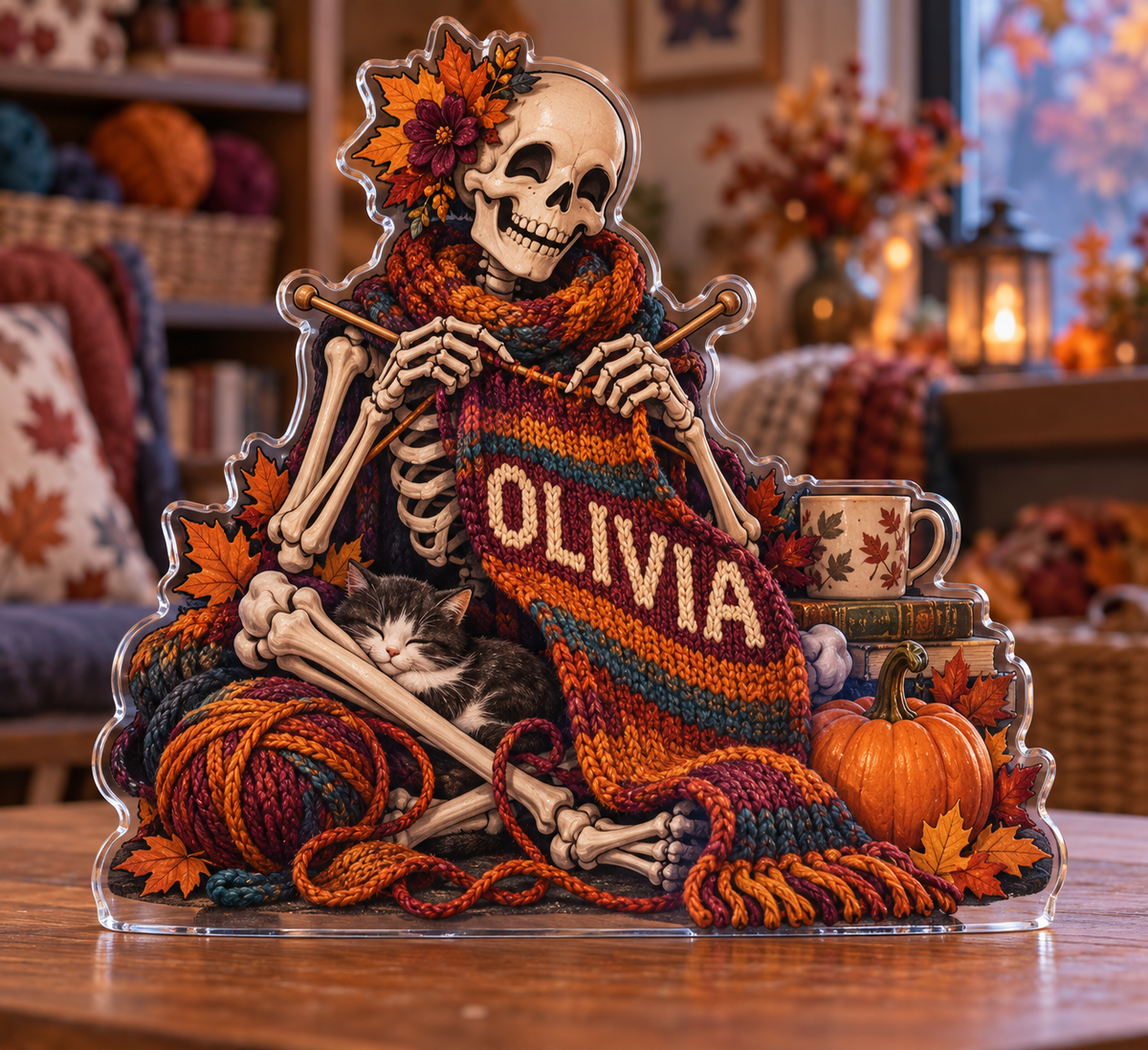 Artwork visualization: Skeleton knitting — family seasonal keepsake, personalized OLIVIA, subject-shaped acrylic with printed optical 3D depth; not carved relief.