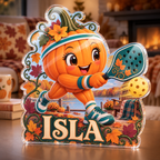 Artwork visualization: Pumpkin pickleball — seasonal living room decor, personalized ISLA, subject-shaped acrylic with printed optical 3D depth; not carved relief.