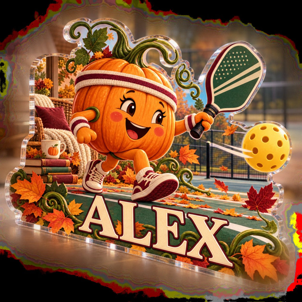 Personalized Pumpkin Pickleball Reading Nook Seasonal Refresh custom shape acrylic plaque with an example name set into the artwork, digital preview