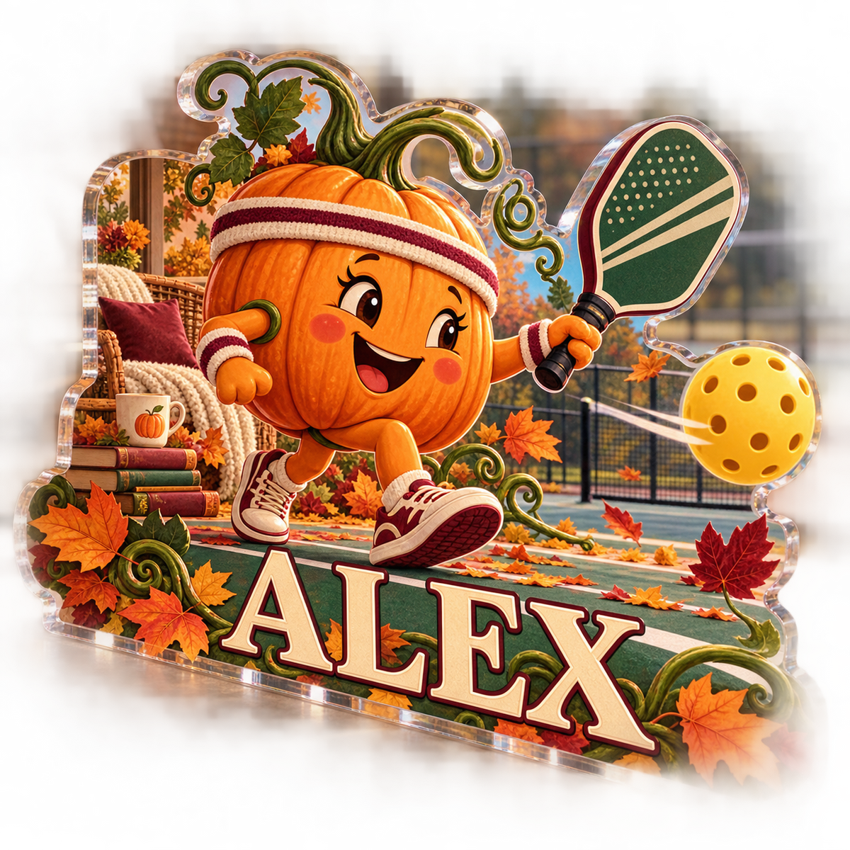Artwork visualization: Pumpkin pickleball — reading nook seasonal refresh, personalized ALEX, subject-shaped acrylic with printed optical 3D depth; not carved relief.