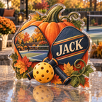 Artwork visualization: Pumpkin pickleball — host seasonal thank you, personalized JACK, subject-shaped acrylic with printed optical 3D depth; not carved relief.