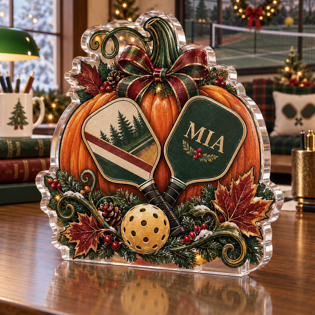 Artwork visualization: Pumpkin pickleball — office seasonal desk, personalized MIA, subject-shaped acrylic with printed optical 3D depth; not carved relief.
