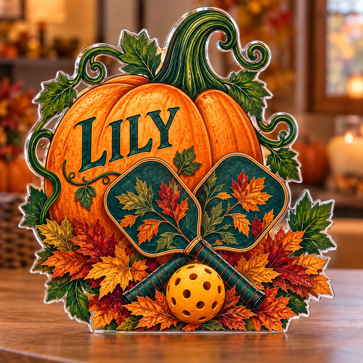 Artwork visualization: Pumpkin pickleball — family seasonal keepsake, personalized LILY, subject-shaped acrylic with printed optical 3D depth; not carved relief.