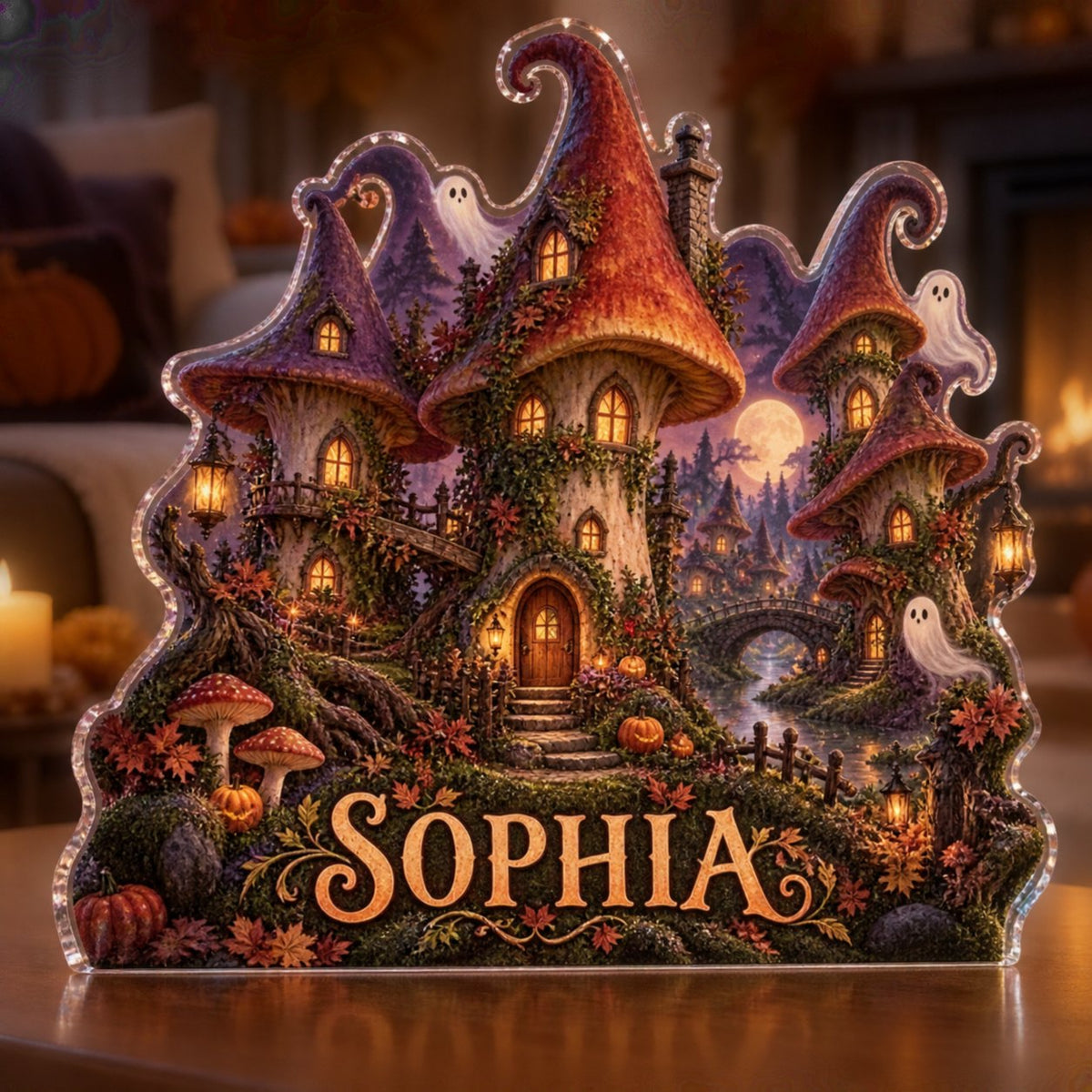 Personalized Spooky Mushroom Village Seasonal Living Room Decor custom shape acrylic plaque with an example name set into the artwork, digital preview