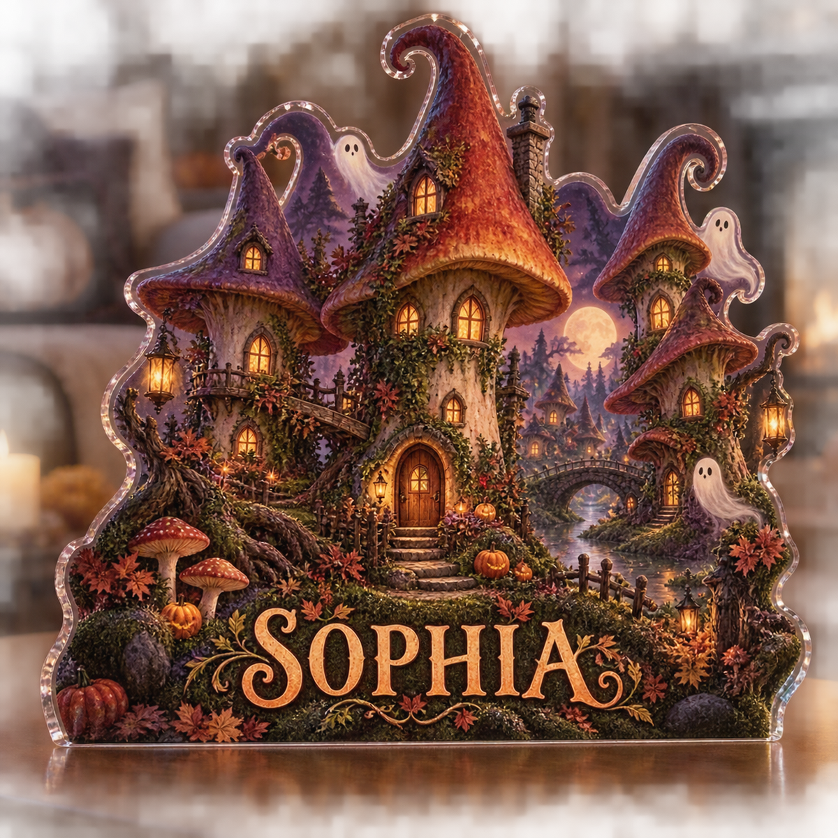 Artwork visualization: Spooky mushroom village — seasonal living room decor, personalized SOPHIA, subject-shaped acrylic with printed optical 3D depth; not carved relief.