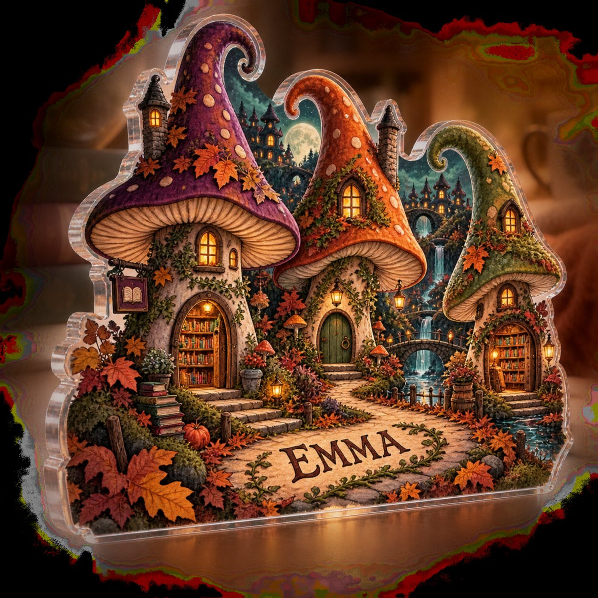 Personalized Spooky Mushroom Village Reading Nook Seasonal Refresh custom shape acrylic plaque with an example name set into the artwork, digital preview