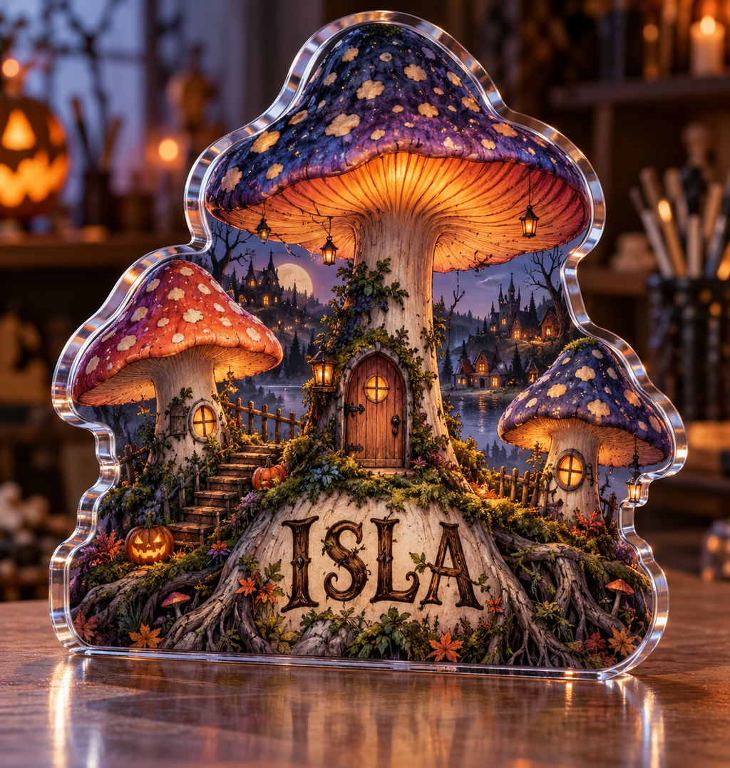 Artwork visualization: Spooky mushroom village — Halloween party accent, personalized ISLA, subject-shaped acrylic with printed optical 3D depth; not carved relief.