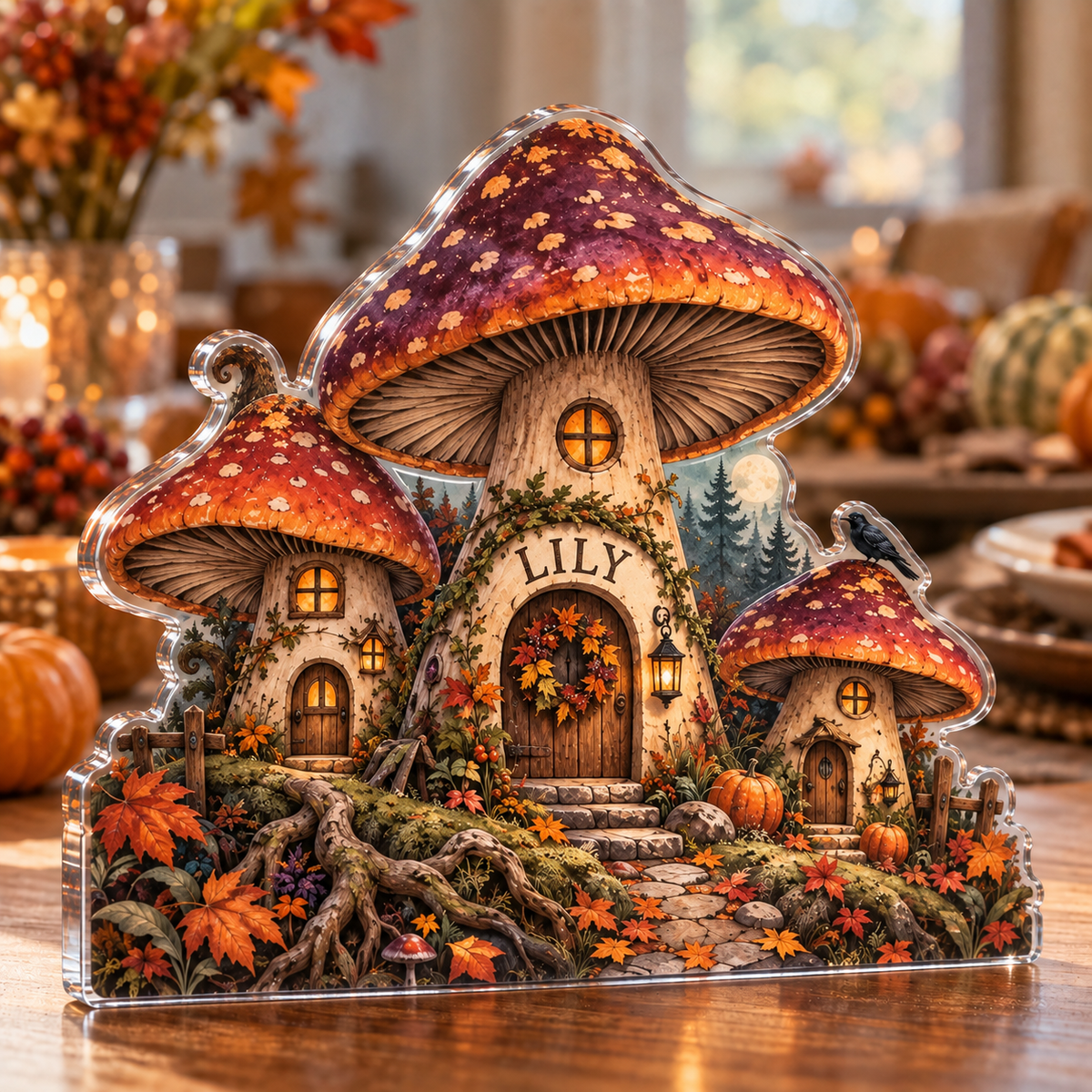 Artwork visualization: Spooky mushroom village — host seasonal thank you, personalized LILY, subject-shaped acrylic with printed optical 3D depth; not carved relief.