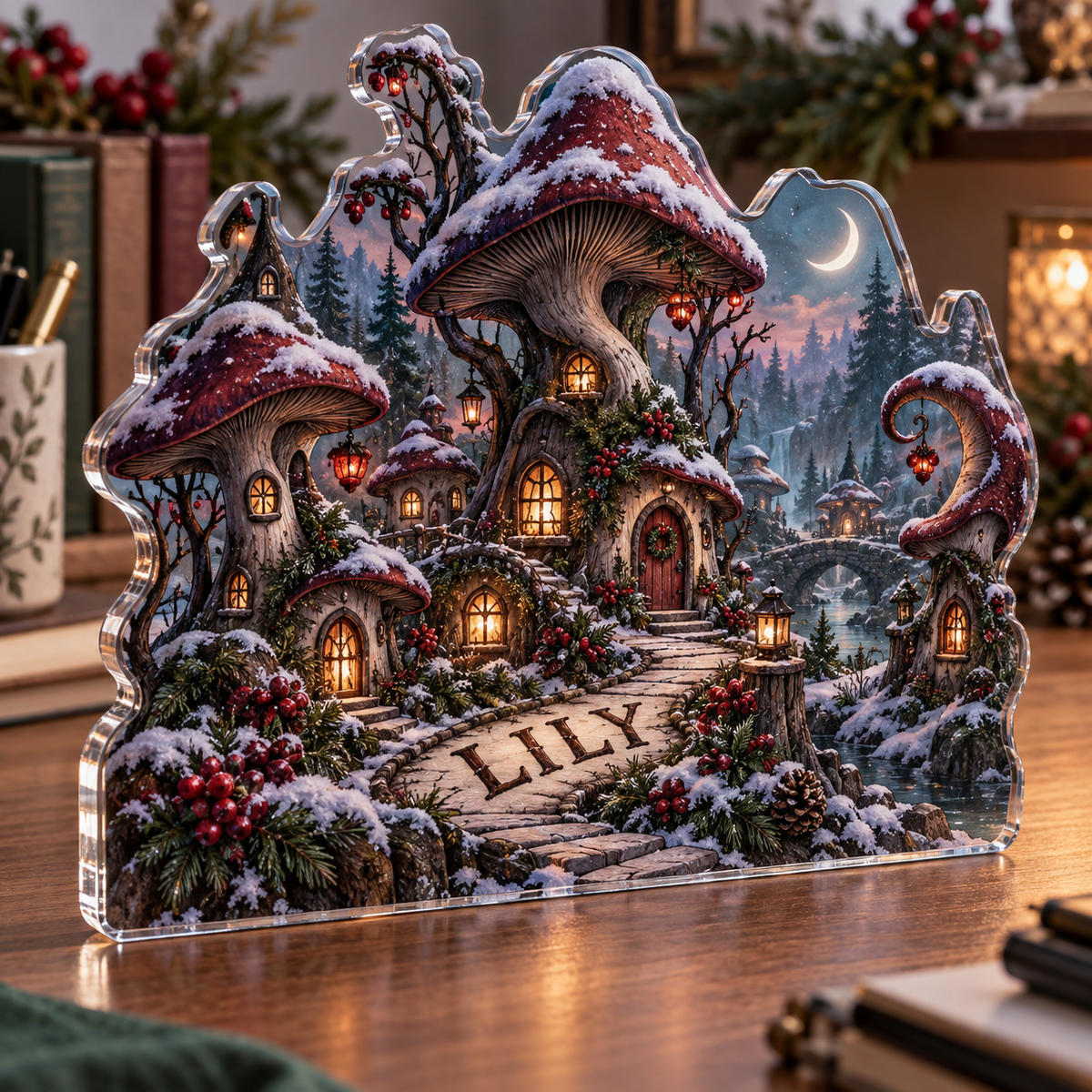Artwork visualization: Spooky mushroom village — office seasonal desk, personalized LILY, subject-shaped acrylic with printed optical 3D depth; not carved relief.