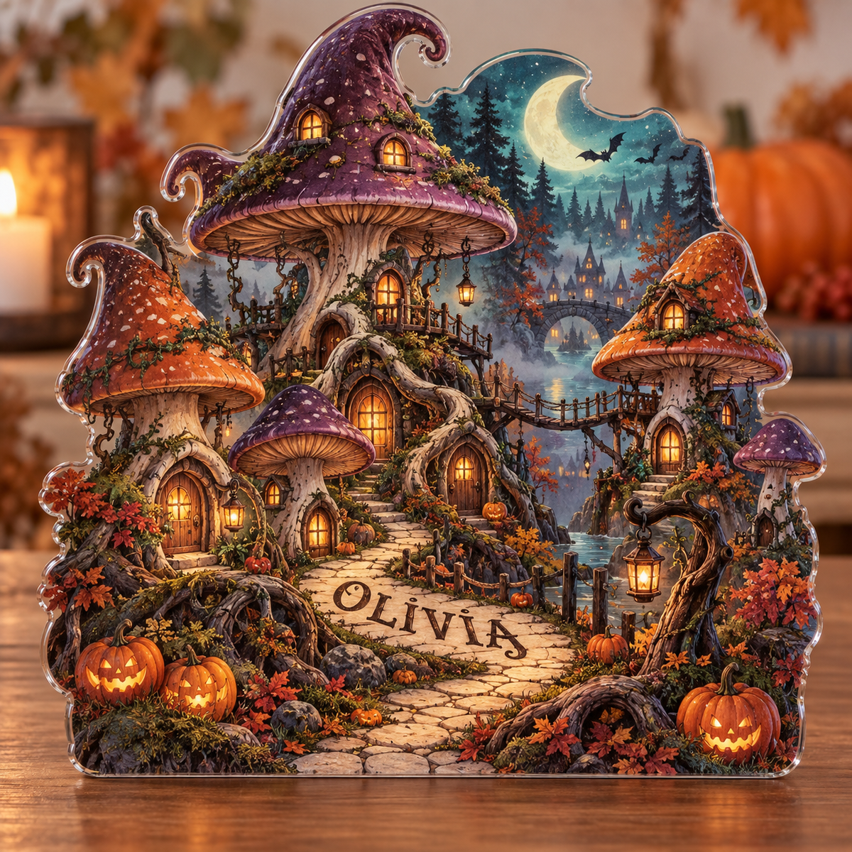 Artwork visualization: Spooky mushroom village — family seasonal keepsake, personalized OLIVIA, subject-shaped acrylic with printed optical 3D depth; not carved relief.