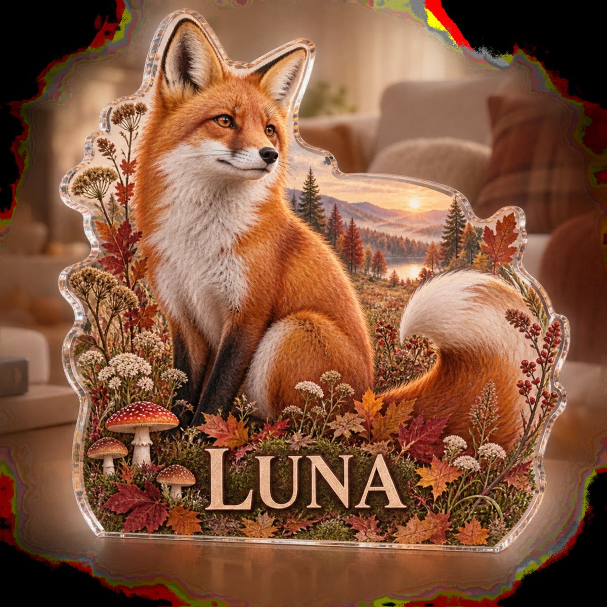 Personalized Autumn Fox Meadow Seasonal Living Room Decor custom shape acrylic plaque with an example name set into the artwork, digital preview