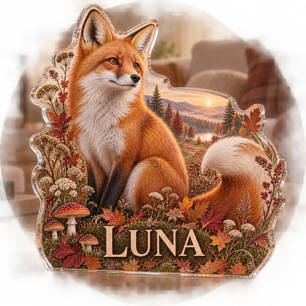 Artwork visualization: Autumn fox meadow — seasonal living room decor, personalized LUNA, subject-shaped acrylic with printed optical 3D depth; not carved relief.