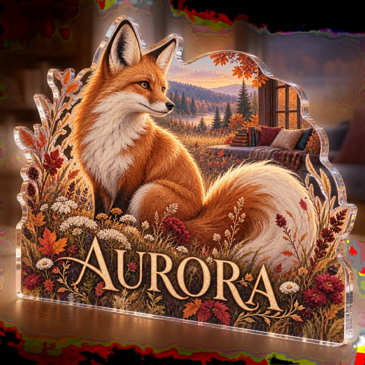 Personalized Autumn Fox Meadow Reading Nook Seasonal Refresh custom shape acrylic plaque with an example name set into the artwork, digital preview