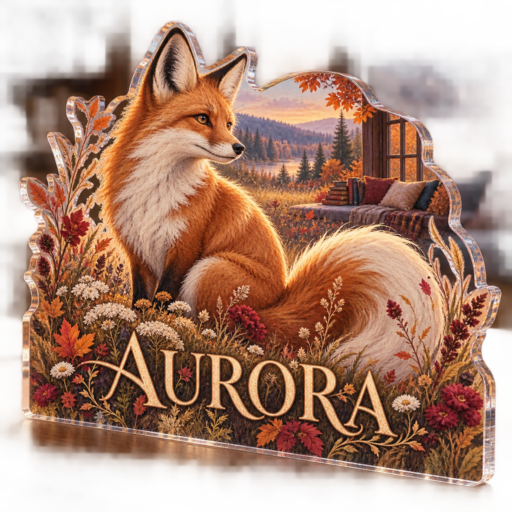 Artwork visualization: Autumn fox meadow — reading nook seasonal refresh, personalized AURORA, subject-shaped acrylic with printed optical 3D depth; not carved relief.