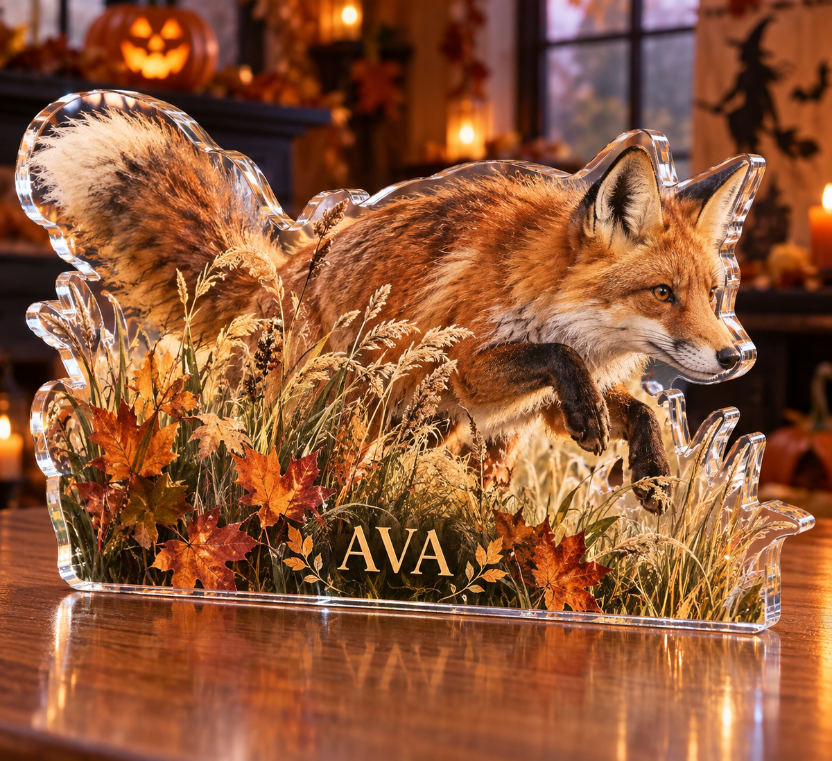 Artwork visualization: Autumn fox meadow — Halloween party accent, personalized AVA, subject-shaped acrylic with printed optical 3D depth; not carved relief.